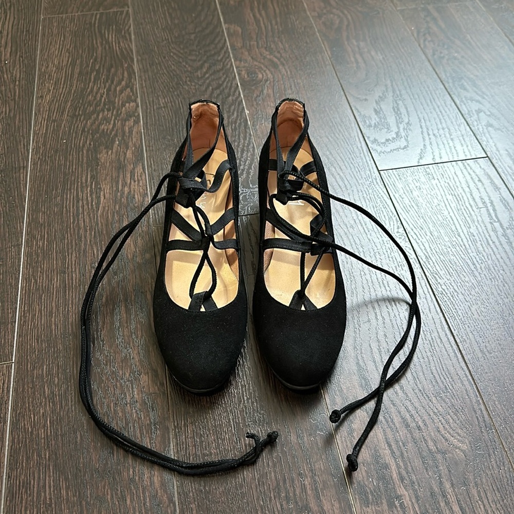 French Sole black suede lace up ballet flats.